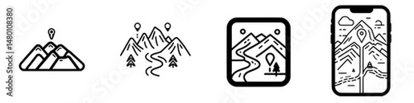 Fototapeta Vector illustration icons depicting mountains, hiking paths, and mobile navigation symbols for outdoor adventures