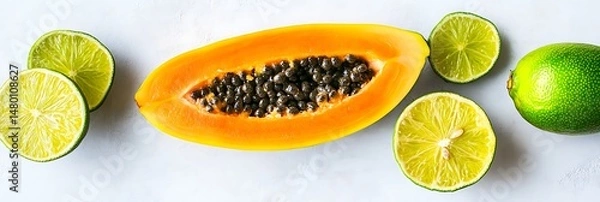 Obraz Ripe papaya half with lime wedges.  Tropical fruit