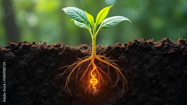 Obraz Plant Root System with Roots Forming DNA Helix Patterns and Glowing Nodules Containing Engineered Microbiome Communities for Enhanced Nutrient Uptake