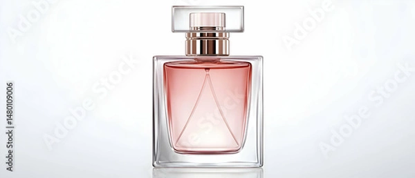 Fototapeta Stylish Transparent Pink Perfume Bottle With Golden Cap On White Background