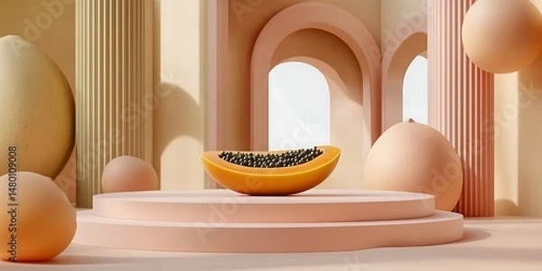 Obraz Papaya slice on a tiered platform, nestled within a minimalist, pastel-hued architectural setting featuring arches, pillars, and spherical elements