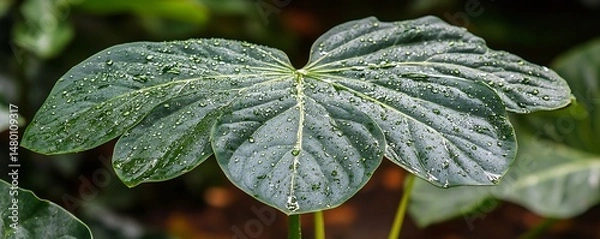 Obraz Drenched Leaf Vivid closeup of an exotic, dark green leaf, adorned with numerous water droplets in lush setting