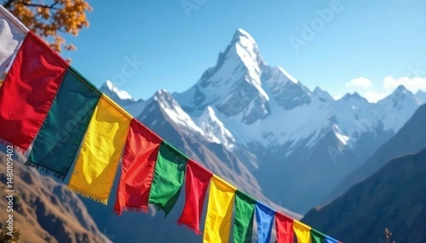 Fototapeta Vibrant prayer flags flutter in the wind against a majestic mountain backdrop , sky, flags