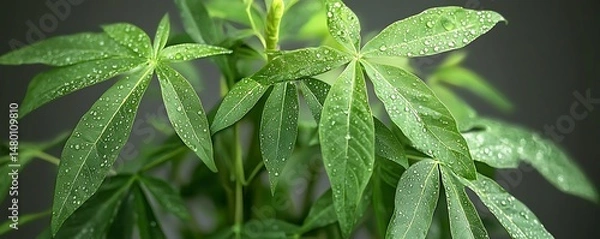 Obraz Lush green foliage with water droplets glistening on each leaf, showcasing vibrant growth