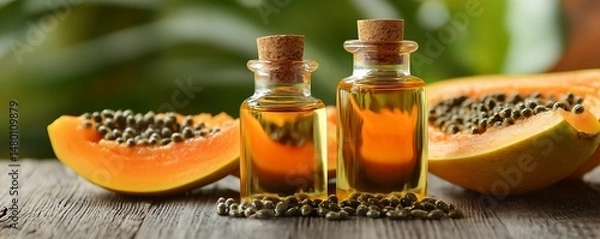 Obraz Golden oil extracted from ripe papaya fruit, displayed with its seeds on a wooden surface