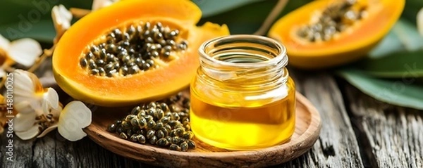 Obraz Ripe papaya halves, seeds, and golden oil in a glass jar rest on a rustic wooden surface with tropical leaves and flowers