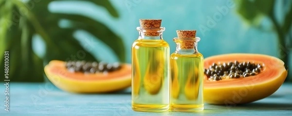 Obraz Tropical papaya fruit halves beside two small bottles of golden oil, set against a blurred teal background with tropical foliage