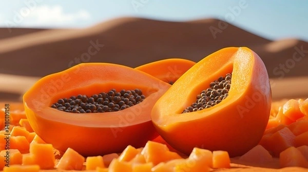 Obraz Ripe papaya halves, seeds visible, surrounded by diced papaya pieces on a desert sand backdrop