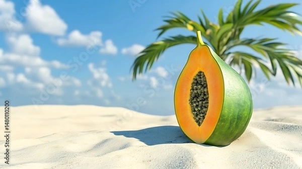 Obraz Halved papaya rests on sandy beach, beside palm tree under sunny sky