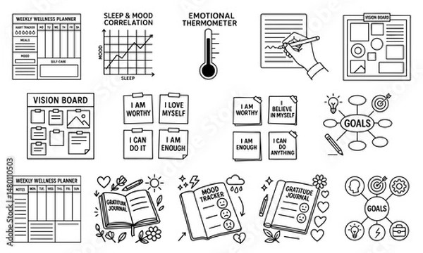 Fototapeta stress management wellbeing routine concept. Wellness planner and motivational graphics for personal growth.