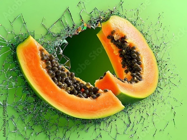 Obraz Two papaya halves burst through shattered glass against a green backdrop