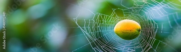 Obraz A vibrant, small fruit rests in the intricate center of a dewy spiderweb, set against a blurred backdrop of lush, green foliage