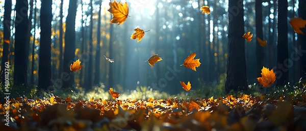 Fototapeta Autumn Leaves Falling In A Forest