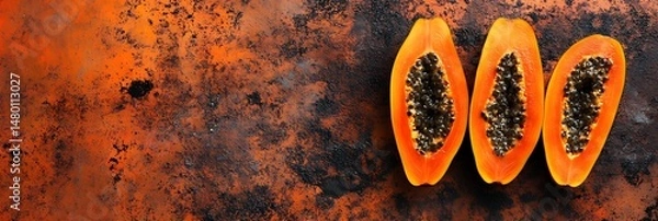 Obraz Three papaya halves arranged on a rustic, textured surface. Vibrant orange flesh contrasts with dark seeds