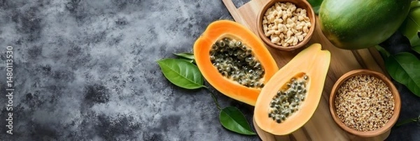 Obraz Two halves of fruit, green leaves, and wood bowls filled with seeds on a cutting board over a gray background