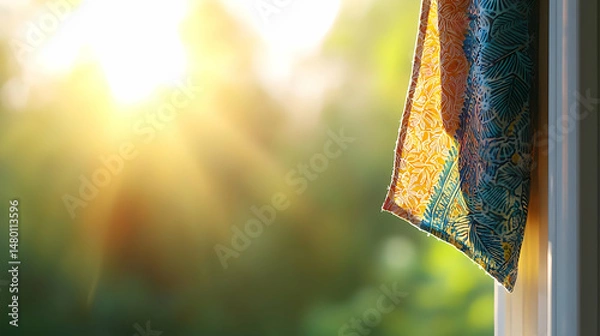 Fototapeta Colorful Fabric Drape Hanging From Window With Sunlight
