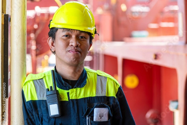 Fototapeta Portrait of a young Filipino officer in protective clothing and a yellow helmet, standing aboard a container ship—his eyes focused ahead, reflecting both duty and quiet determination.
