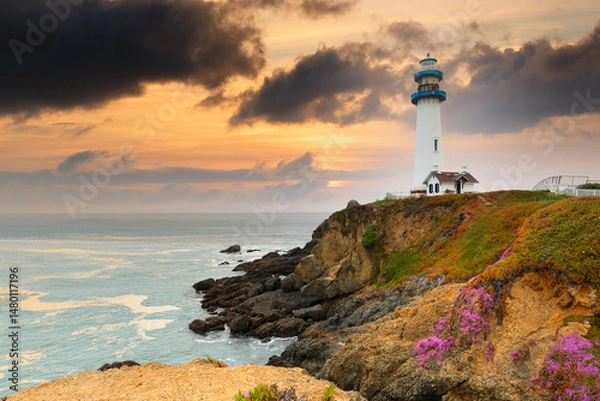 Obraz Pigeon Point lighthouse at sunset, San Francisco, California. Located in Pigeon Point Light Station State Historic Park, the house was built in 1871 to guide ships on the Pacific coast of California.
