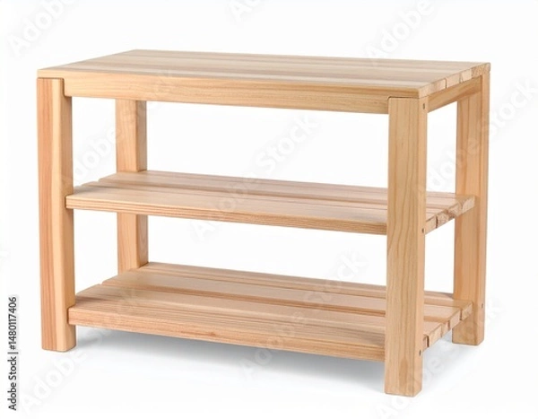 Fototapeta Light wooden shoe rack with three shelves, clean design, simple, isolated on white background