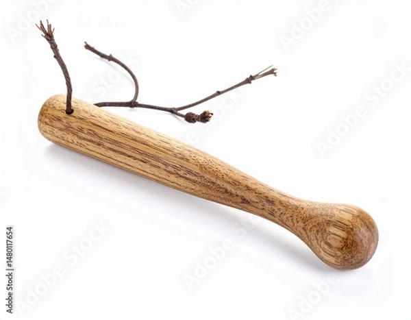 Obraz Wooden tool Cylindrical body with rounded handle, adorned by branch, lies on a pristine background