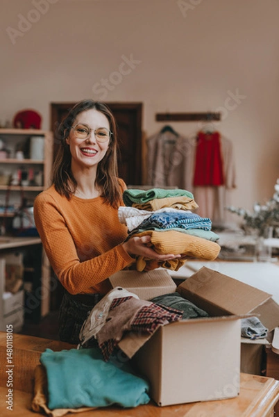 Obraz Female volunteer sorting old clothes for charity or converting discarded materials
