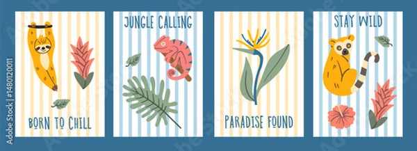 Fototapeta Bright illustration set featuring sloth, chameleon, tropical flowers and lemur on striped background, perfect for kids decor, summer cards, and jungle-themed projects.