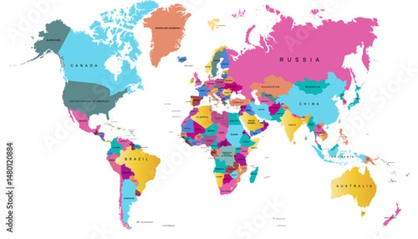 Fototapeta World map. Color modern vector map. Silhouette map.	