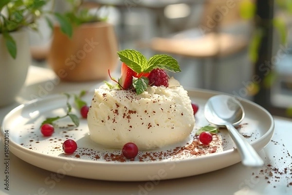 Obraz A serving plate with ricotta cheese and freshly cut mint branches and a spoon over a hazy setting exudes elegance, Generative AI.