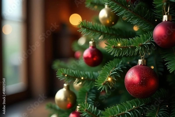 Fototapeta Elegant bauble-covered Christmas tree, close-up view , simple, red
