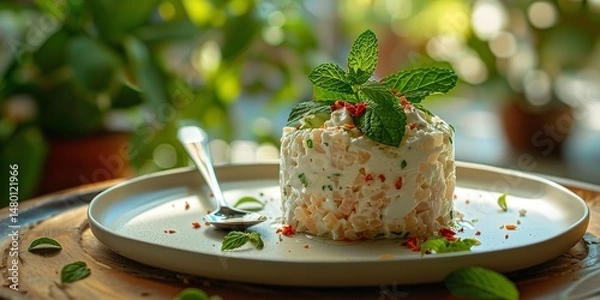 Obraz A serving plate with ricotta cheese and freshly cut mint branches and a spoon over a hazy setting exudes elegance, Generative AI.