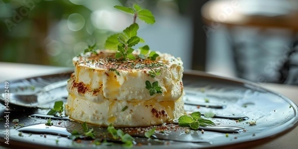 Obraz A serving plate with ricotta cheese and freshly cut mint branches and a spoon over a hazy setting exudes elegance, Generative AI.