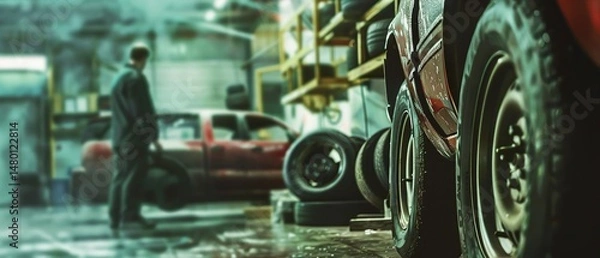 Obraz A car gets inspected by a technician in a auto repair centre and new tires are stacked on the shelf beside, Generative AI.