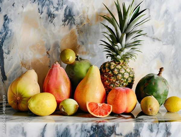 Obraz Assorted tropical fruits on marble surface with pineapple