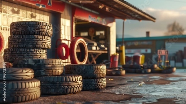 Obraz Old fashioned tires are staked in front of an auto repair enterprise, car repairing business motif, Generative AI.
