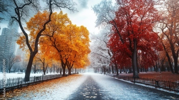Fototapeta Autumn meets winter in a park. Colorful trees with bright yellow and red leaves contrast with snow-covered branches on a pathway