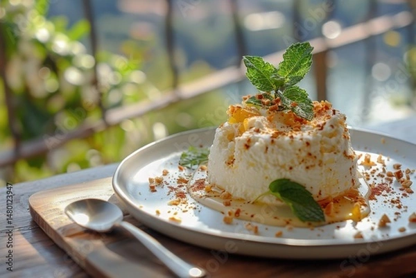 Obraz A serving plate with ricotta cheese and freshly cut mint branches and a spoon over a hazy setting exudes elegance, Generative AI.