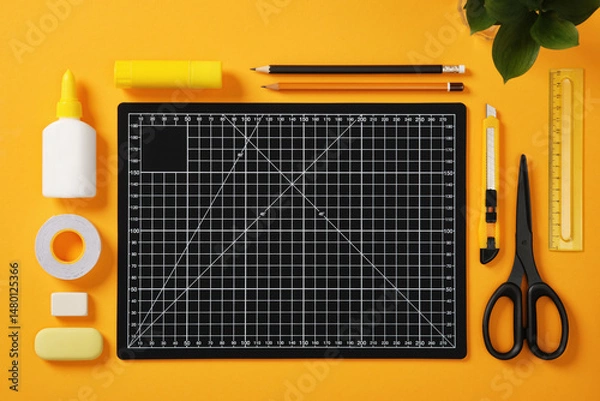 Obraz A black cutting mat with white grid lines sits on a bright yellow background surrounded by neatly laid out office supplies: pencils, glue, tape, scissors, cutter, erasers and ruler.