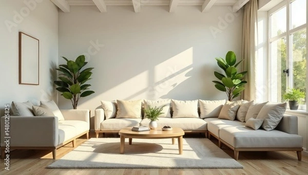 Fototapeta Sunlight streams into a bright, clean living room, showcasing freshly organized furniture and sparkling surfaces , cleanliness, organized home