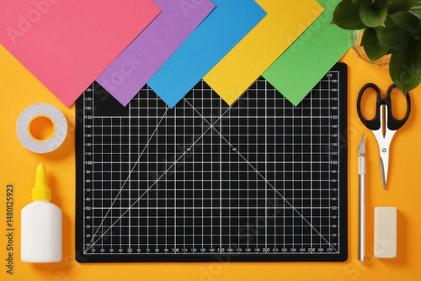 Obraz A black cutting mat with white grid lines sits on a bright yellow background surrounded by neatly laid out art hobby supplies: pencil, glue, tape, scissors, cutter, eraser and paper