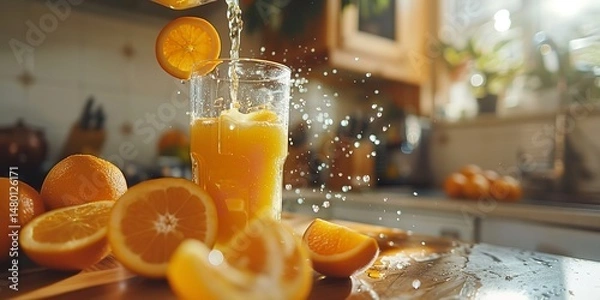 Obraz A glass of freshly squeezed orange juice being mixed along with juice splashes and chopped orange slices and ad space, Generative AI.