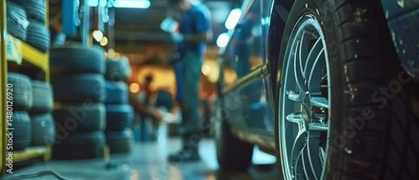 Obraz A car gets inspected by a technician in a auto repair centre and new tires are stacked on the shelf beside, Generative AI.