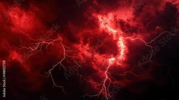 Fototapeta Dramatic Red Lightning Storm