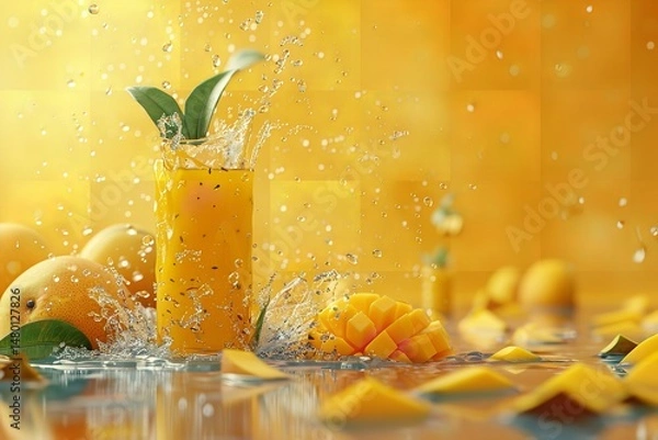 Obraz Commercial mock-up of a bottle or glass with refreshing mango smoothie and chopped mangoes, marketing design concept, Generative AI.