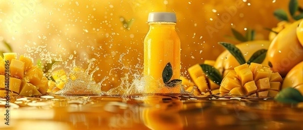 Obraz Commercial mock-up of a bottle or glass with refreshing mango smoothie and chopped mangoes, marketing design concept, Generative AI.