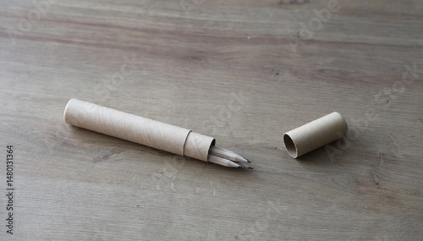 Fototapeta 
Black graphite eco-friendly pencils in a cardboard case on a wooden table with copyspace