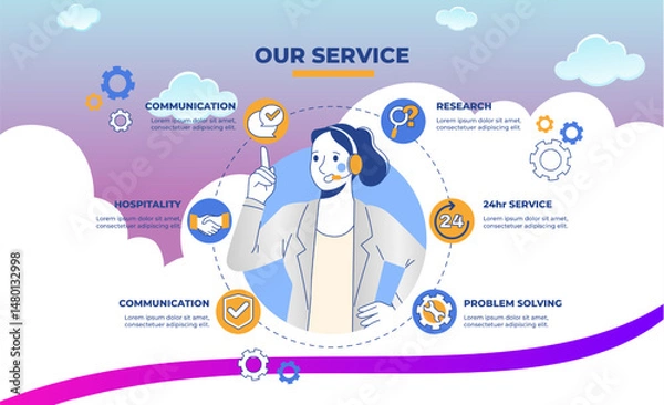 Fototapeta Legal services agency brochure template. Our mission. Contact us. Flyer, booklet, leaflet print, cover design with linear icons. Vector layout for presentation, annual report, advertising page