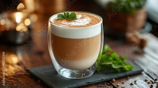 Fototapeta Creamy Coffee in Glass with Mint Leaf on Wooden Table, Artful Presentation in Cozy Café Setting