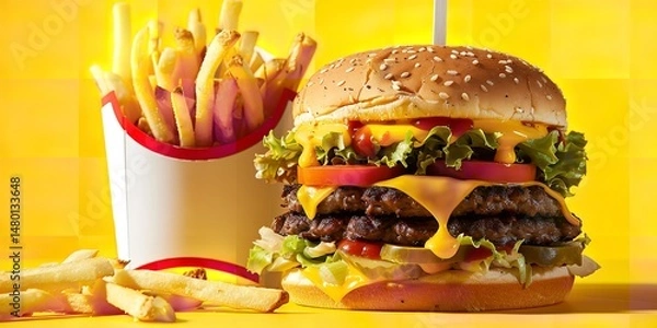 Obraz A box of fries with a tender double petty burger with cheese, fast food motif for marketing, Generative AI.