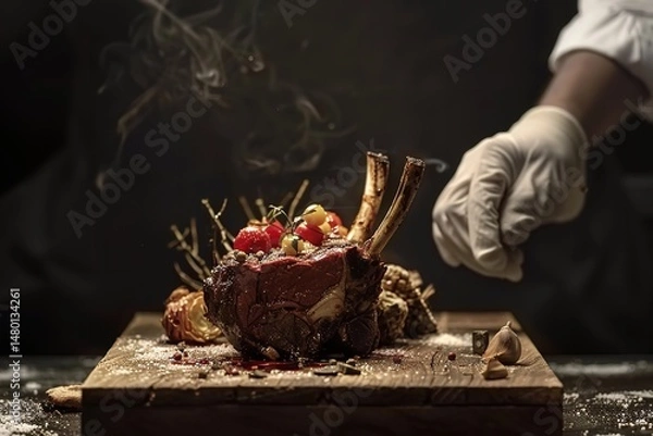 Obraz An experienced cook in an elegant restaurant presents a scrumptious beef steak on a wooden tray, Generative AI.