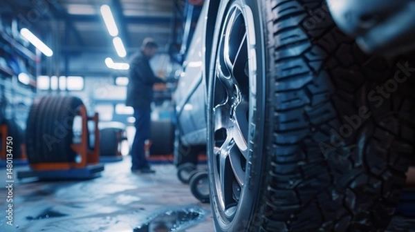 Obraz A car gets inspected by a technician in a auto repair centre and new tires are stacked on the shelf beside, Generative AI.